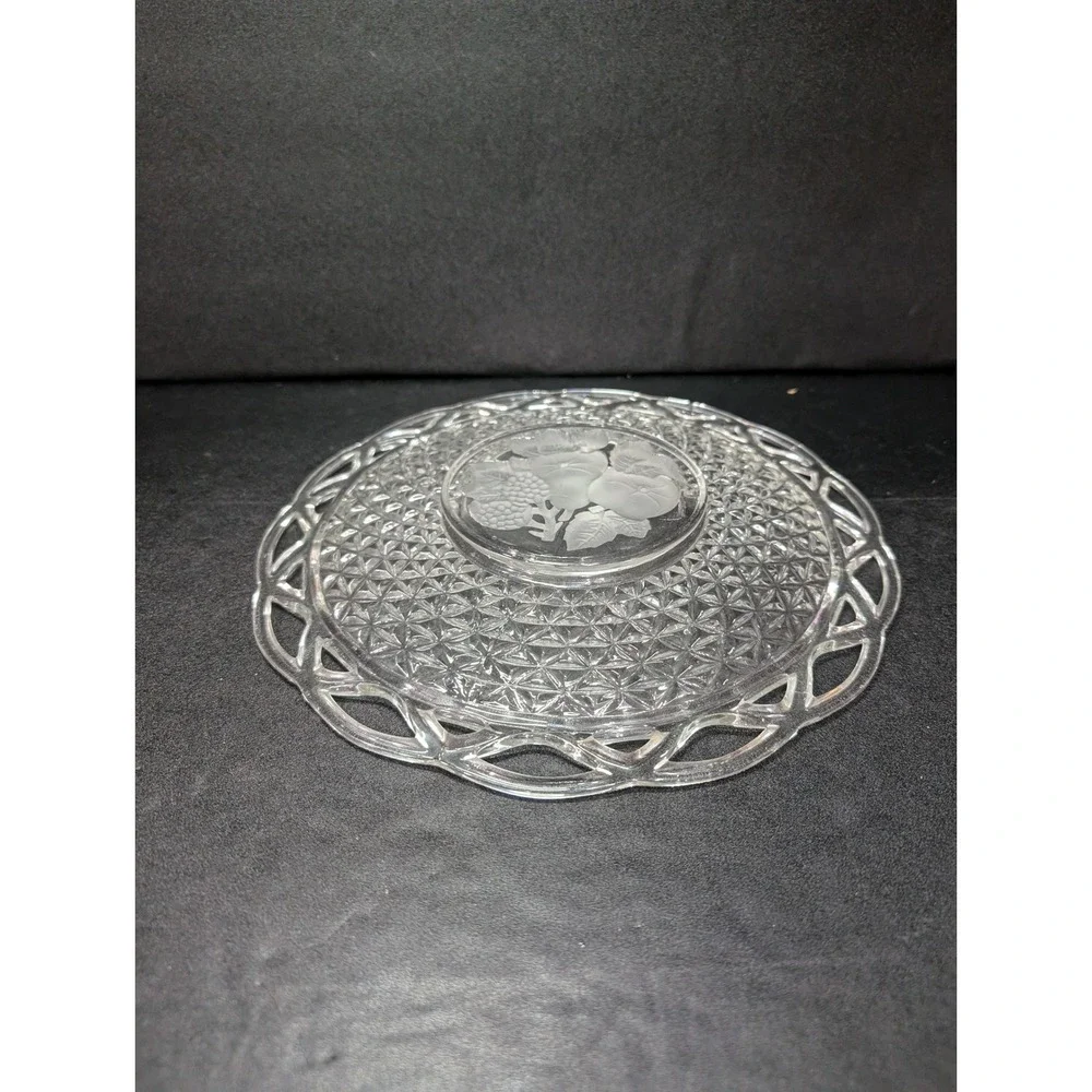 Imperial Glass Laced Rim‎ Frosted Intaglio Rose Diamond Platter, Serving Tray
